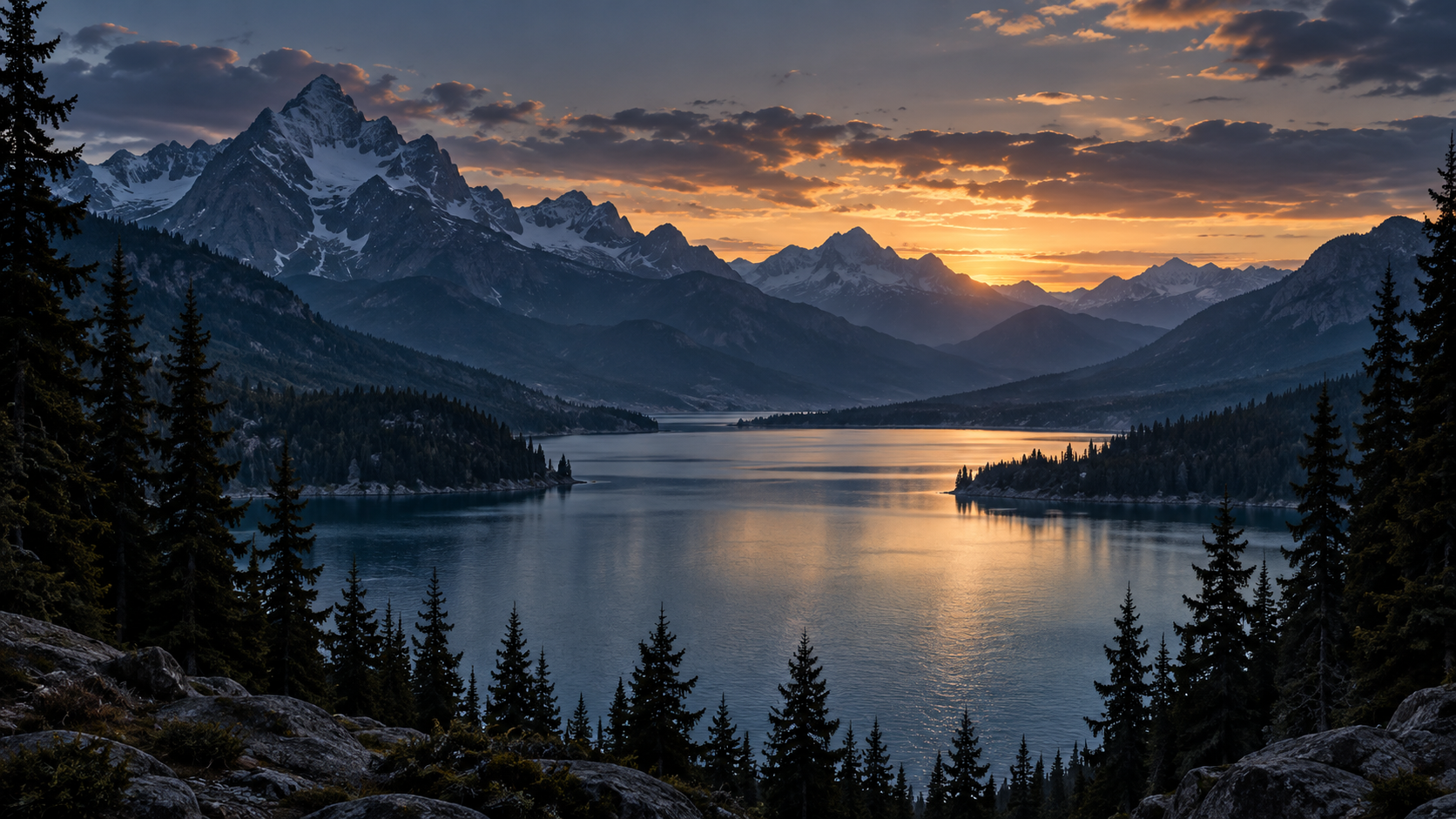 A cinematic alpine lake at dusk